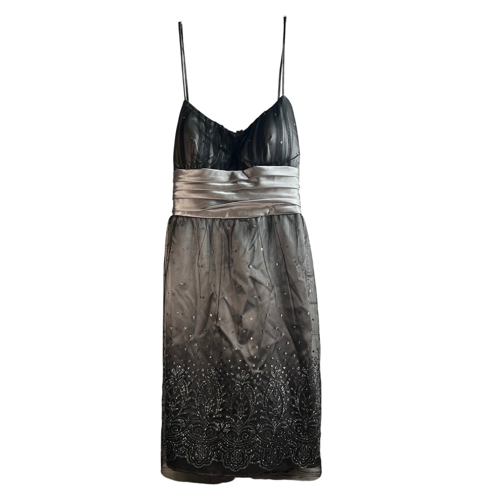 Masquerade Formal Dress 14 Black Silver Satin Overlay Y2K Cocktail Prom Wedding